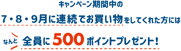 キャンペーン期間中7・8・9月に連続でお買い物をしてくれた方には500ポイントプレゼント